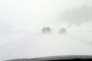 Low visibility and packed roads, Vail Pass.