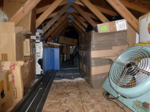 West end of the garage attic. Bed frame is at bottom left.