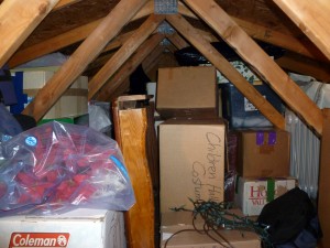 East end of attic. End of kitchen table (brown) visible at left.