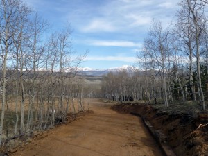 Railroad ties at right edge of driveway