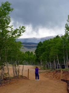 Pam watching incoming storm. Note the two gate posts.