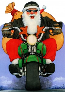 Cover of a Duluth Trading Company catalog featuring Santa on his motorcycle.