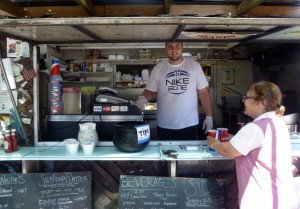 Pam getting our fish lunch